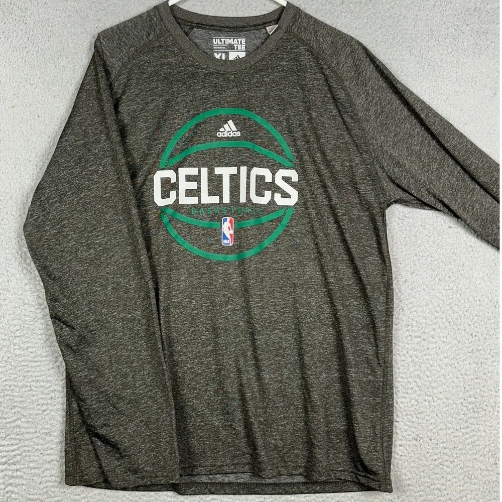 Boston Celtics NBA Adidas T-Shirt Mens XL Grey Ultimate Tee Crewneck Long Sleeve